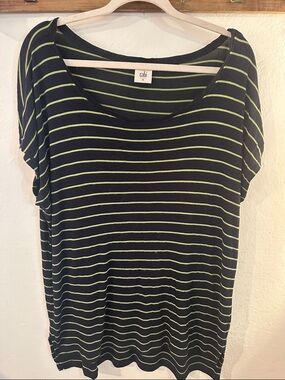 CAbi Black with Lime Green Striped Scoop Neck Short Sleeve Top